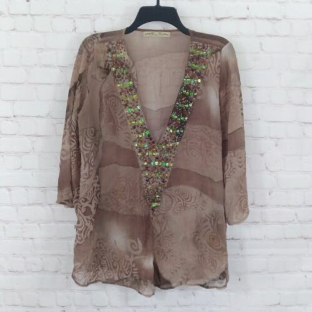 Miss Me Blouse Womens Large Brown Embellished Sheer 3/4 Sleeve V Neck Tunic